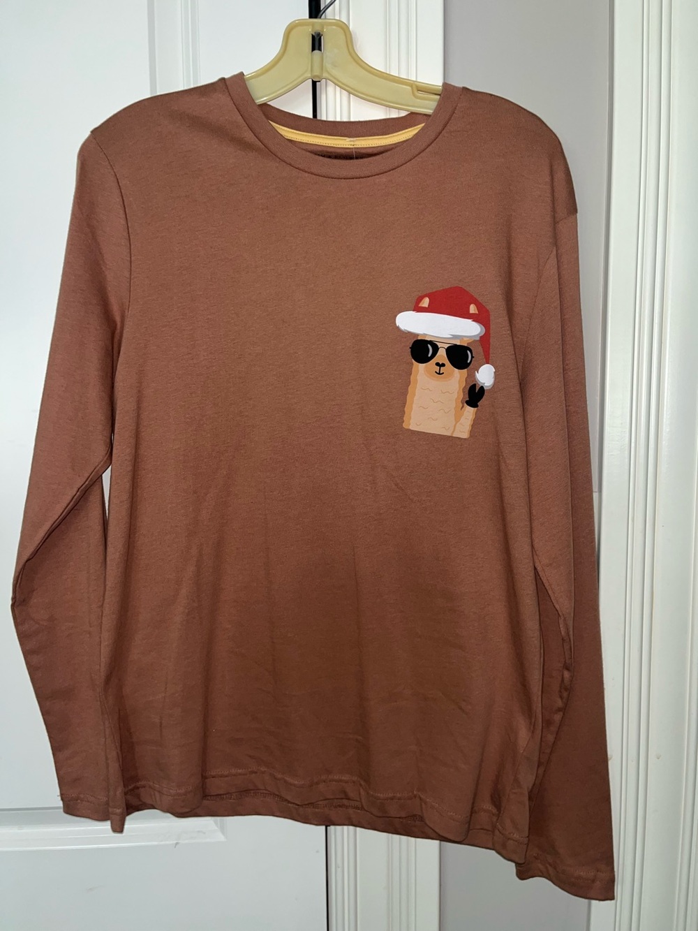 Denim and Flower Season’s Greetings Llama wearing Santa Hat Men’s Shirt Small